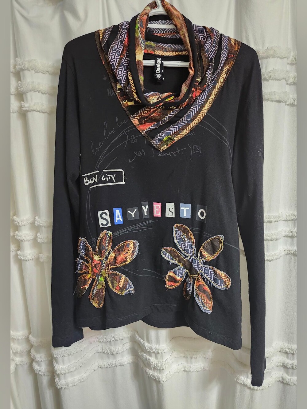 Desigual Black Floral Patch Long-Sleeve Top with Printed Scarf Collar